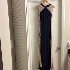Xscape Navy and Beige Maxi Dress